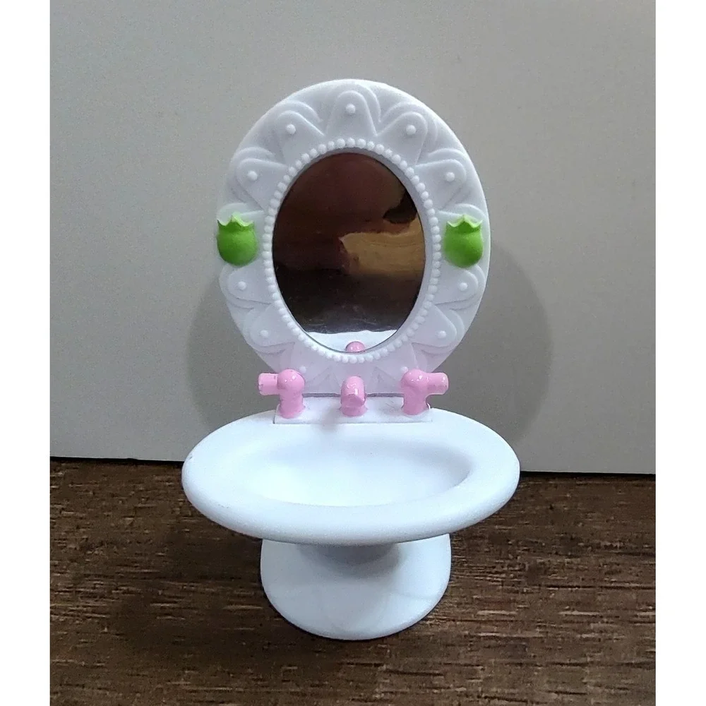 Miniature Dollhouse Sink Mirror White Plastic Pink Faucet Z30